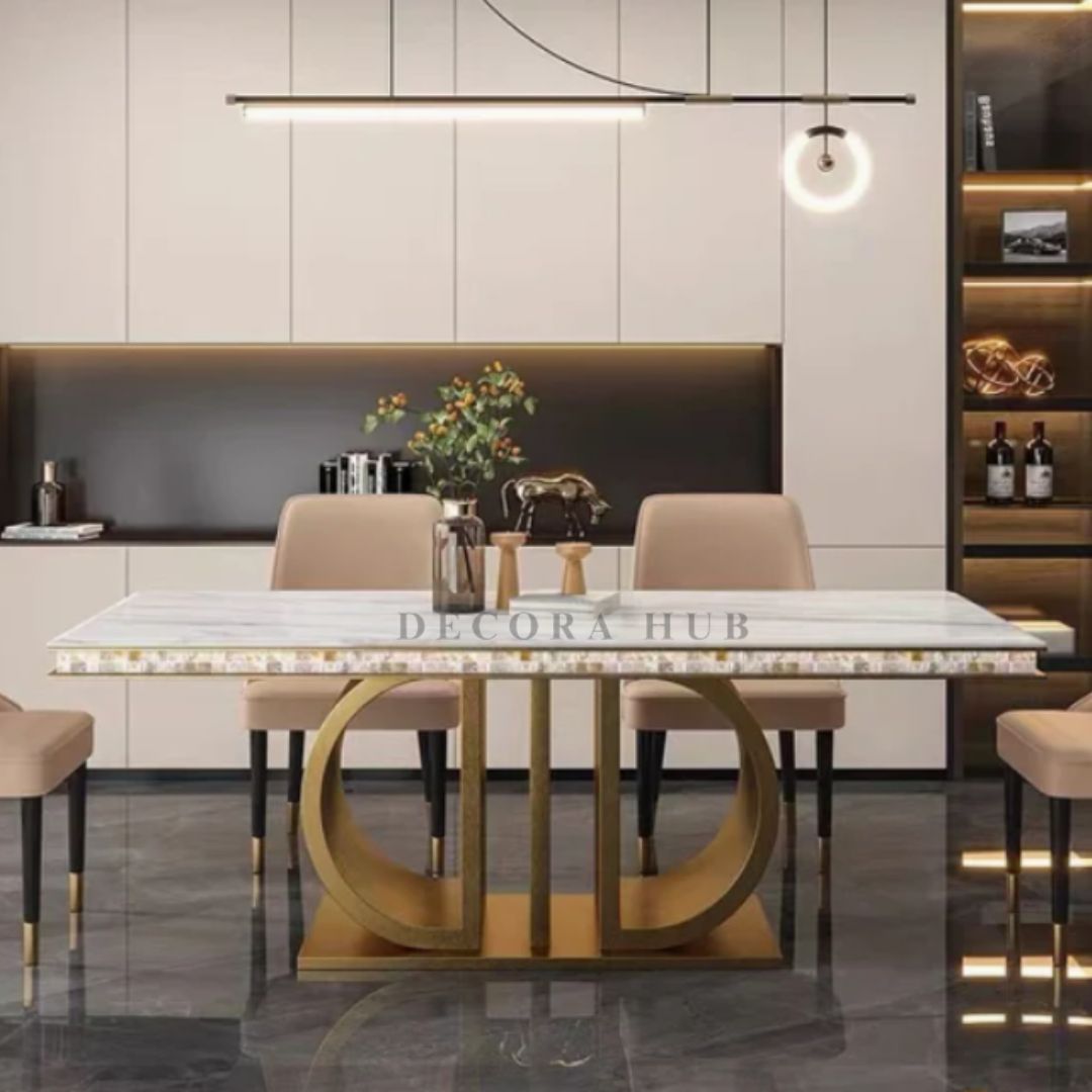 Luxurious Gold Stainless Steel Marble Dining Table – another angle