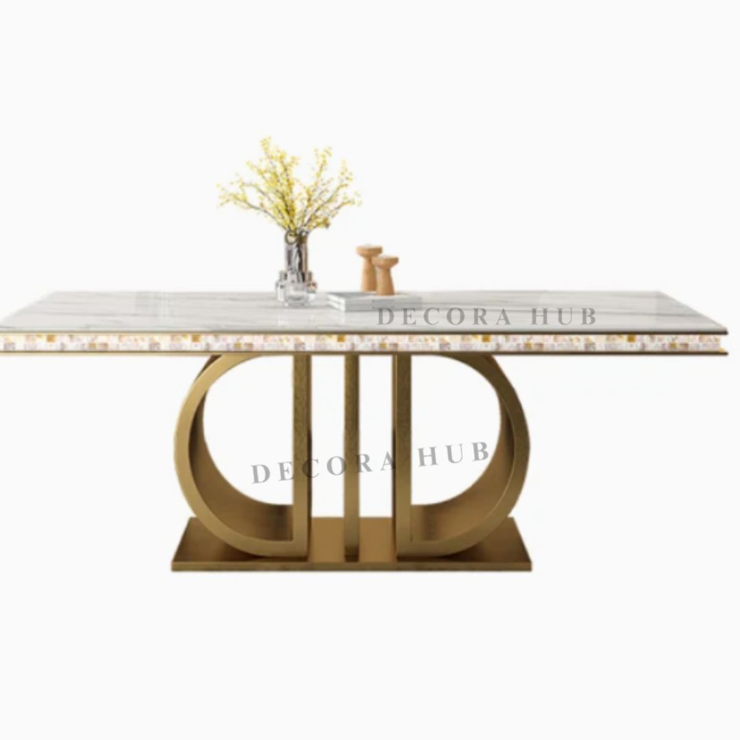 Luxurious Gold Stainless Steel Marble Dining Table – full view
