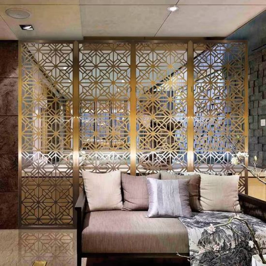 Luxurious Golden PVD Partition for Home – gold metal partition for living room DecoraHub India