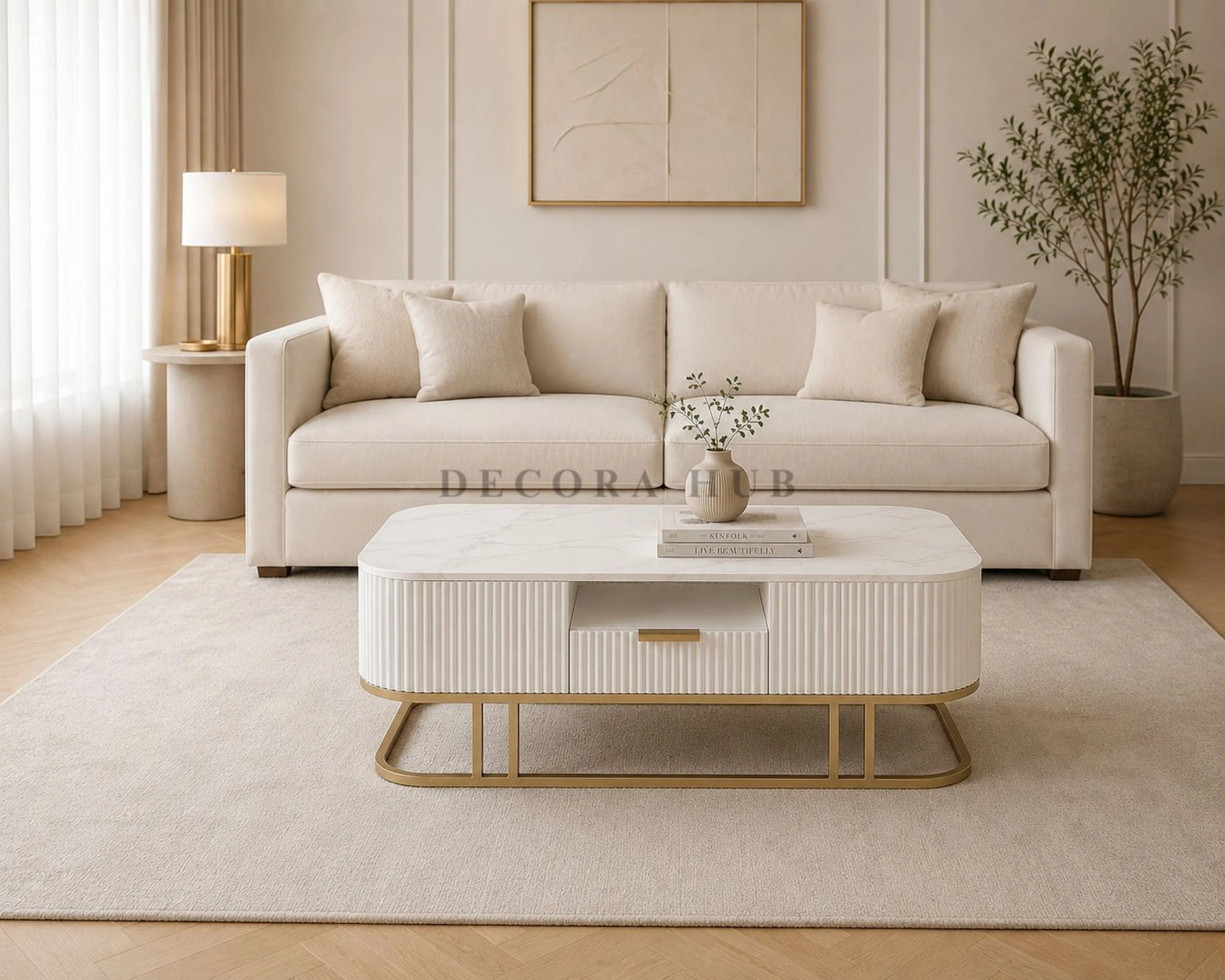Mezzo Fluted Wooden Base Marble Top Centre Table - Marble Centre Table