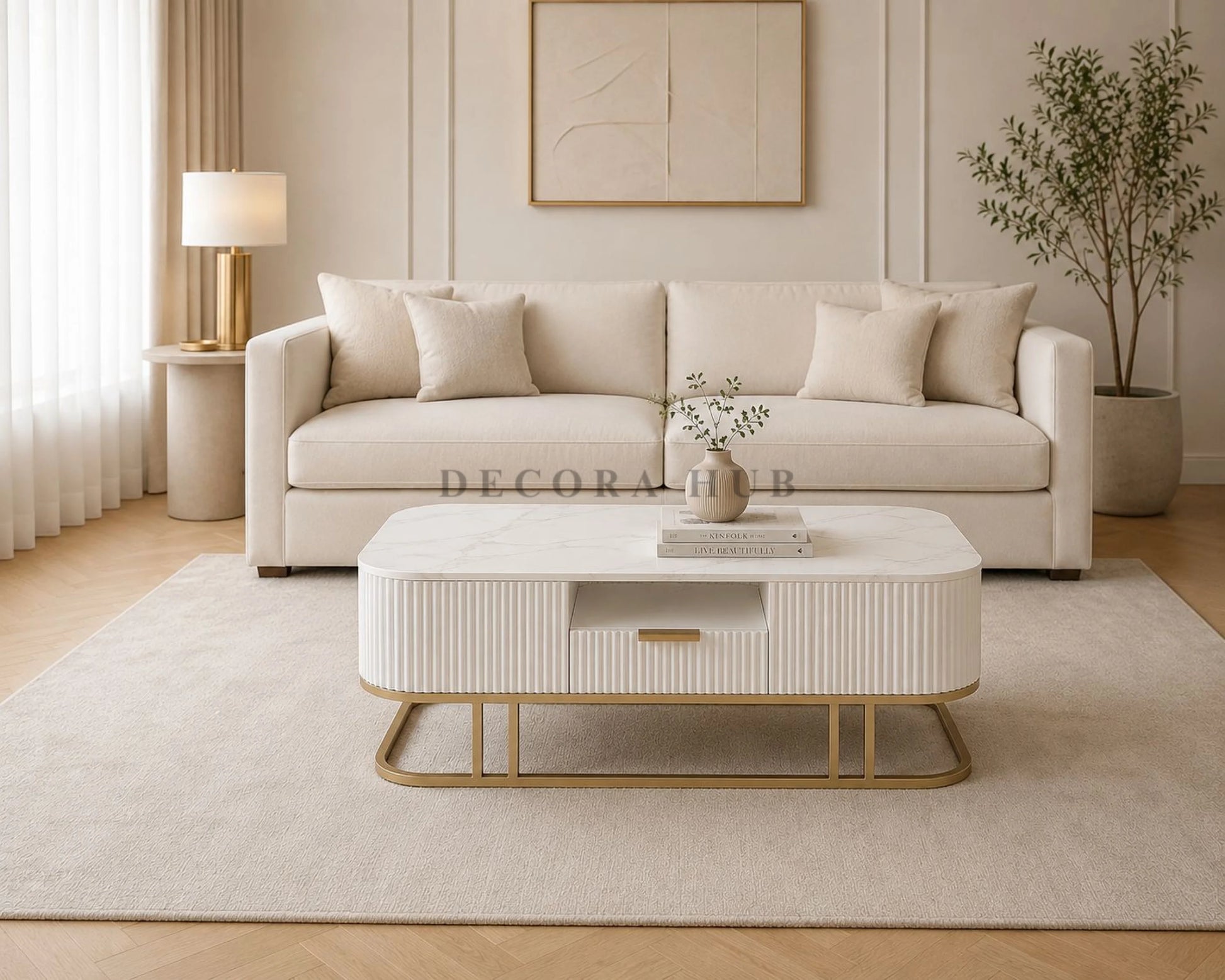 Mezzo Fluted Wooden Base Marble Top Centre Table - Marble Centre Table