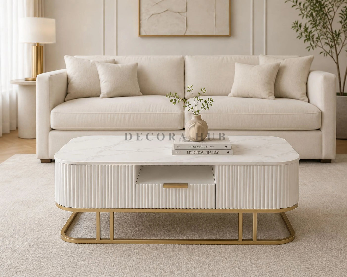 Mezzo Fluted Wooden Base Marble Top Centre Table - Marble Centre Table