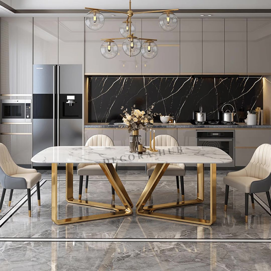Modern Golden Stainless Steel Dining Table with White Marble