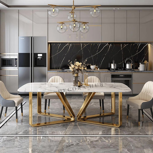 Modern Golden Stainless Steel Dining Table with White Marble