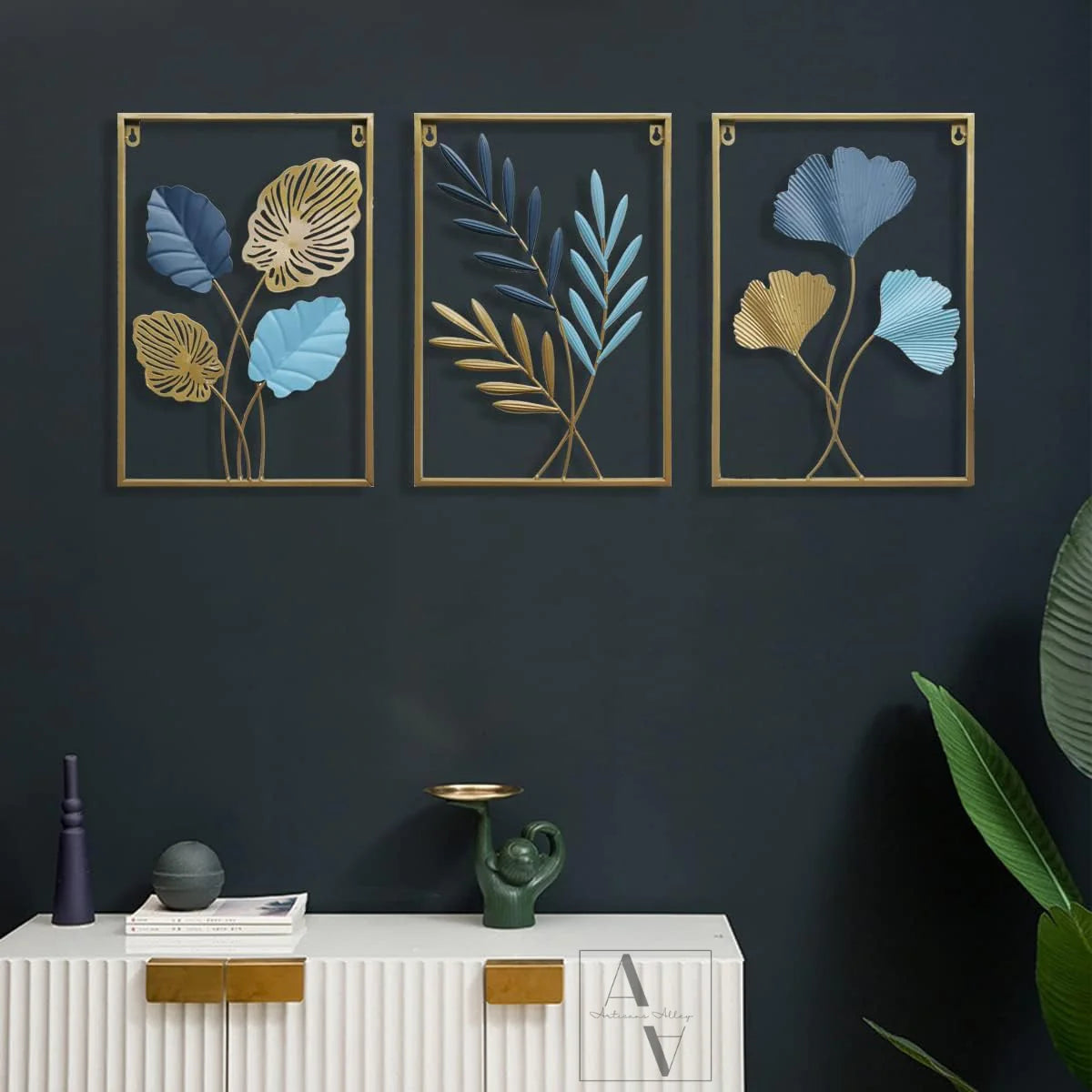 Leaves Set Of 3 Framed Metal Wall Art