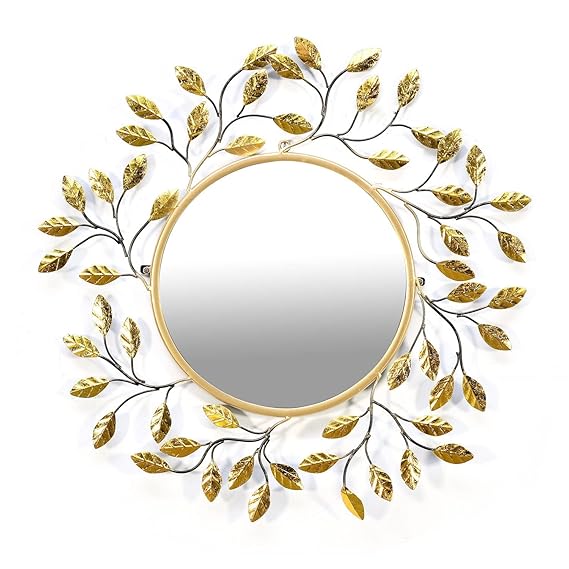 Luxurious Round With Metal Leaf Decoration Wall Mirror