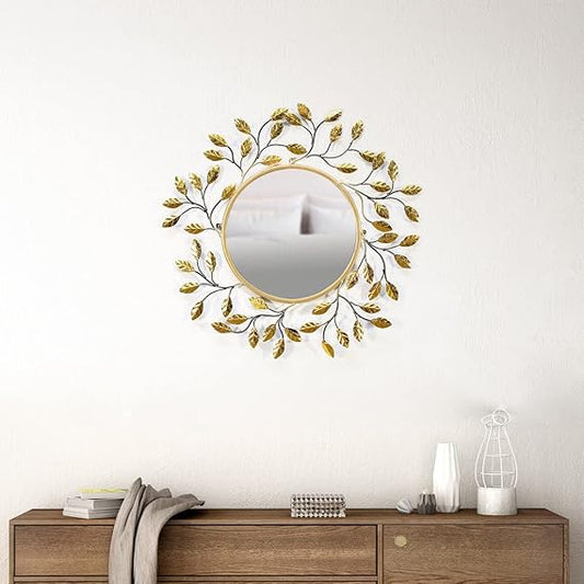 Luxurious Round With Metal Leaf Decoration Wall Mirror