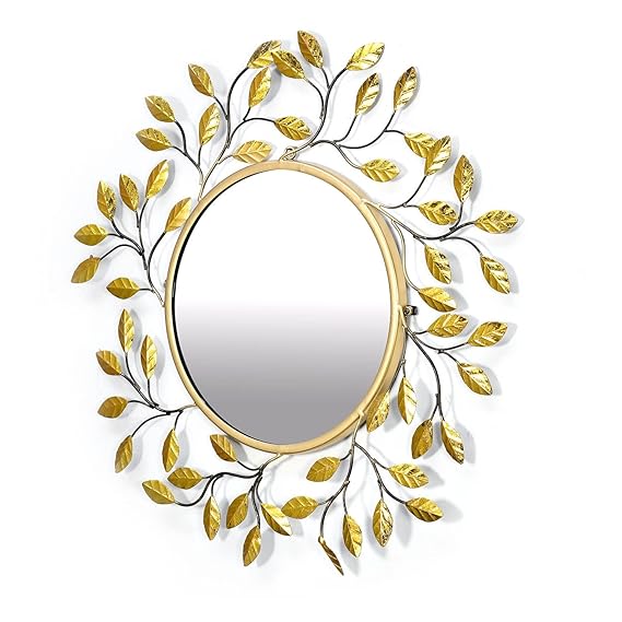 Luxurious Round With Metal Leaf Decoration Wall Mirror