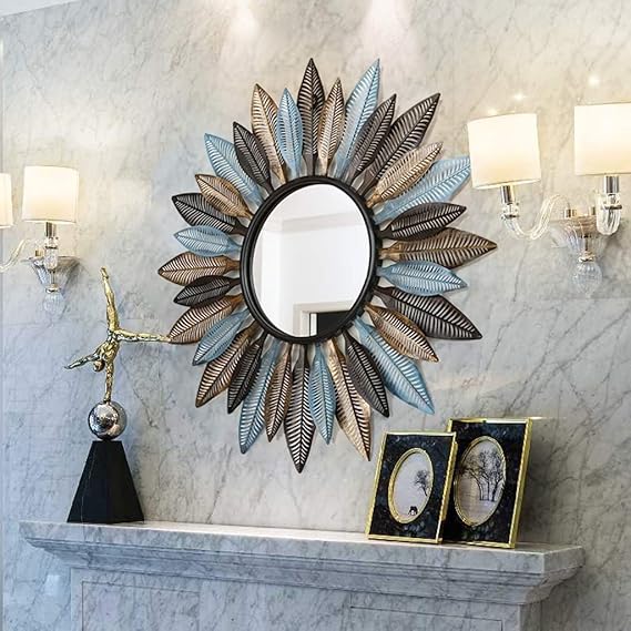 Grey & Yellow Side Feather Design Wall Mirrors