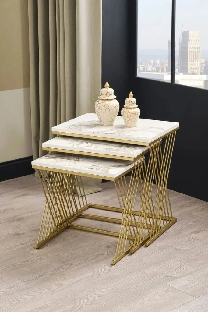 Luxurious White Top Golden Base Nesting Tables