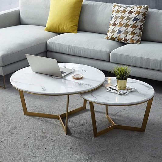 White Circular With Golden Frame Nesting Table