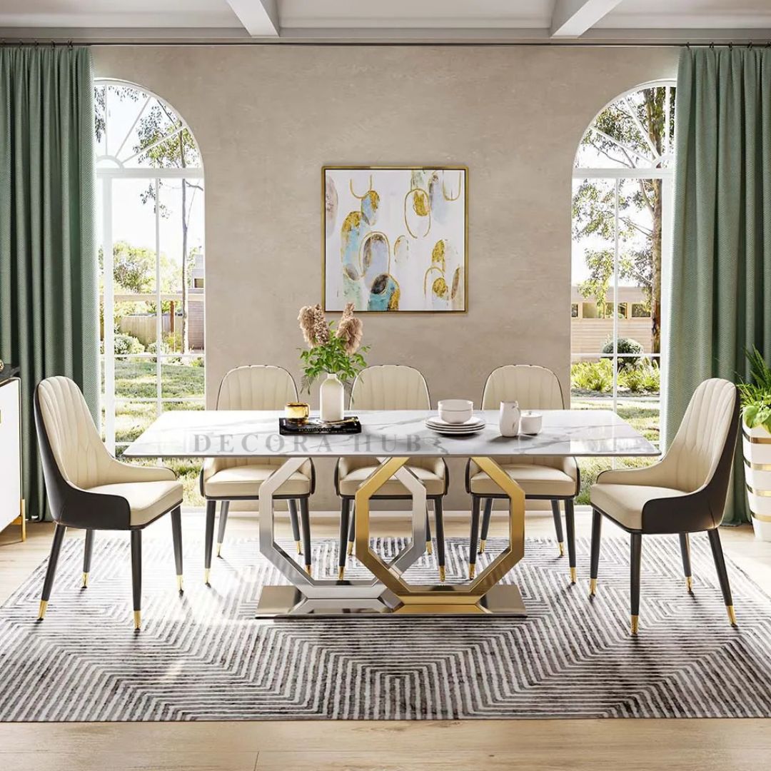 Silver Golden Elegant Marble Dining Table – side view