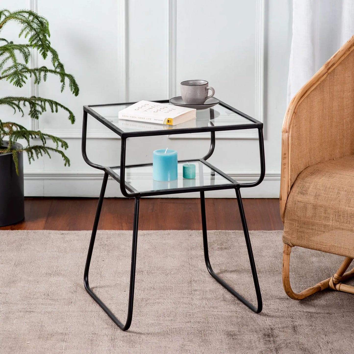 Solid Sheer Iron and Glass Lustrous Black Side Table