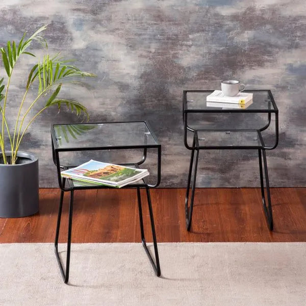 Solid Sheer Iron and Glass Lustrous Black Side Table