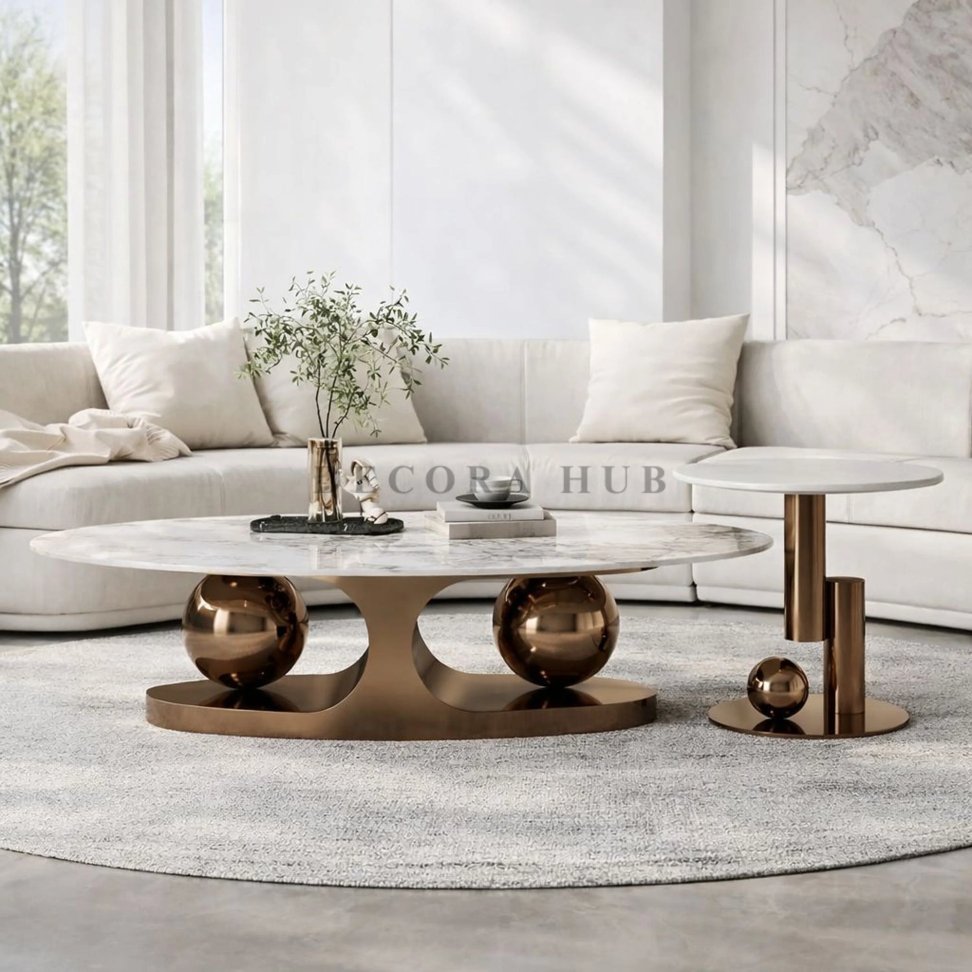 Stainless Steel White Marble Bronze Brown Centre Table for Living Room Bronze Brown / Large Centre Table