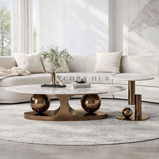 Stainless Steel White Marble Bronze Brown Centre Table for Living Room Bronze Brown / Large Centre Table
