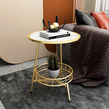 Golden Encircled White Marble Side Table