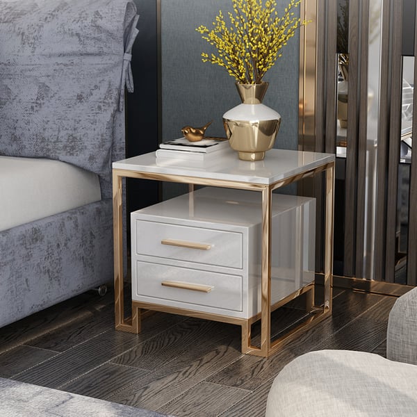 Luxurious White Side Table with Two-Drawer