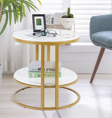 Luxurious Round White Marble Two Tier Side Table