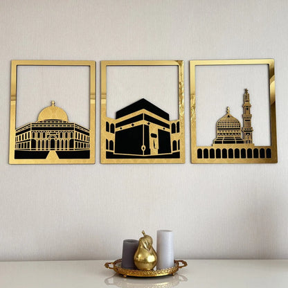 Masjid Al Aqsa, Masjid Al-Haram & Masjid An-Nabawi Wooden Acrylic Islamic Wall Art Set