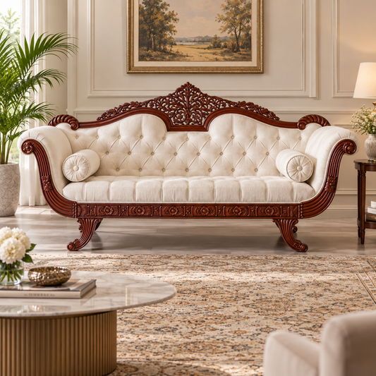 An ornate three-seat sofa with cream tufted upholstery and carved dark reddish-brown wooden arms, backrest, and legs, shown in a styled living room with a rug, coffee table, plant, and wall art.