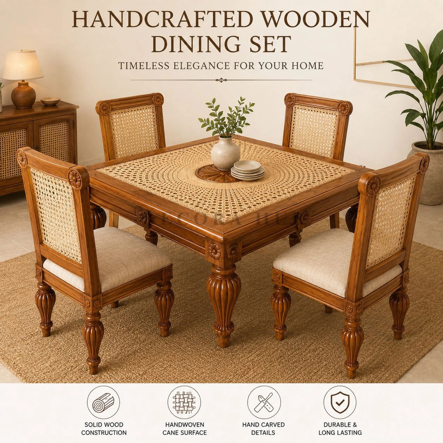 Handcrafted Teak & Rattan Dining Table Set for Luxury Homes