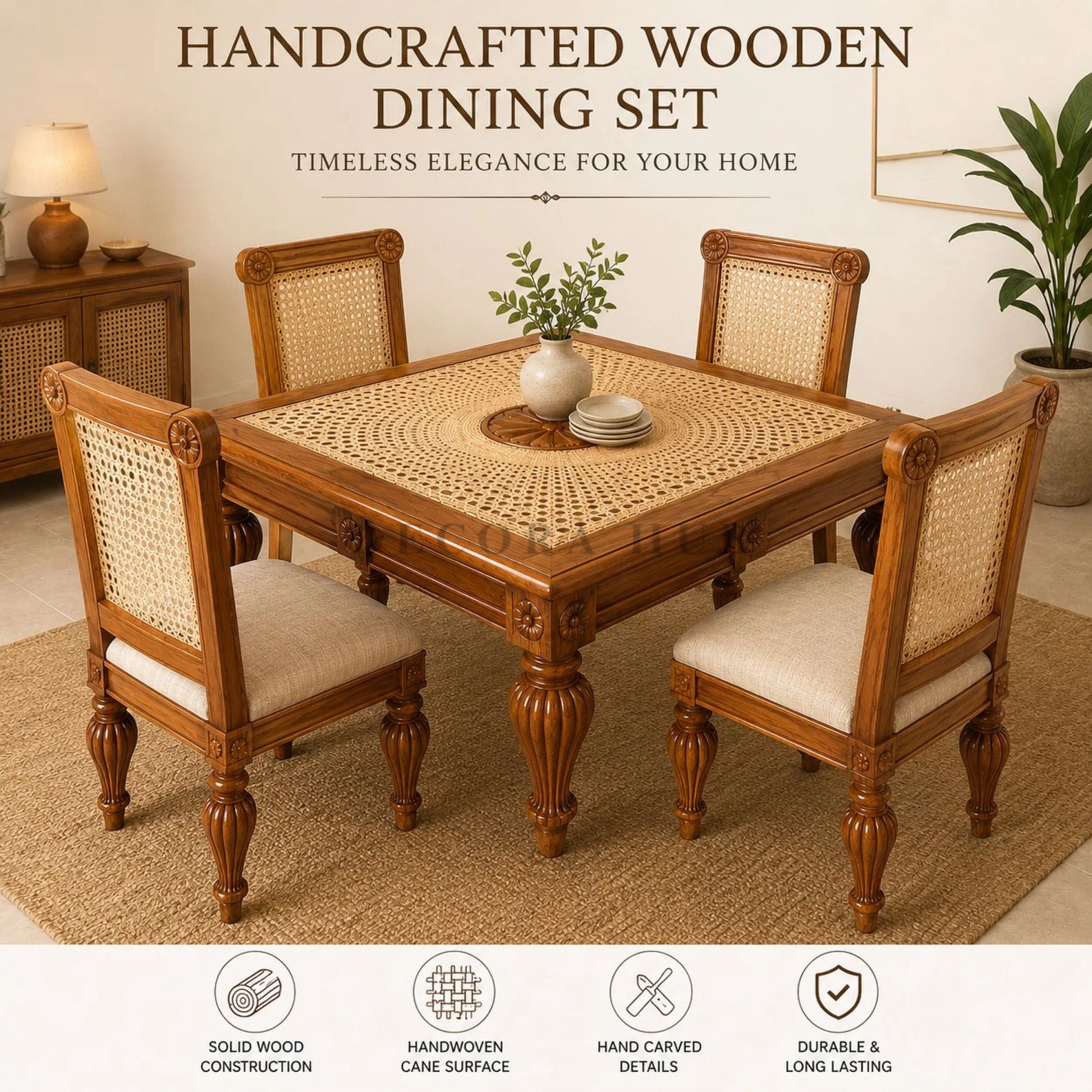 Handcrafted Teak & Rattan Dining Table Set for Luxury Homes