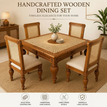 Handcrafted Teak & Rattan Dining Table Set for Luxury Homes