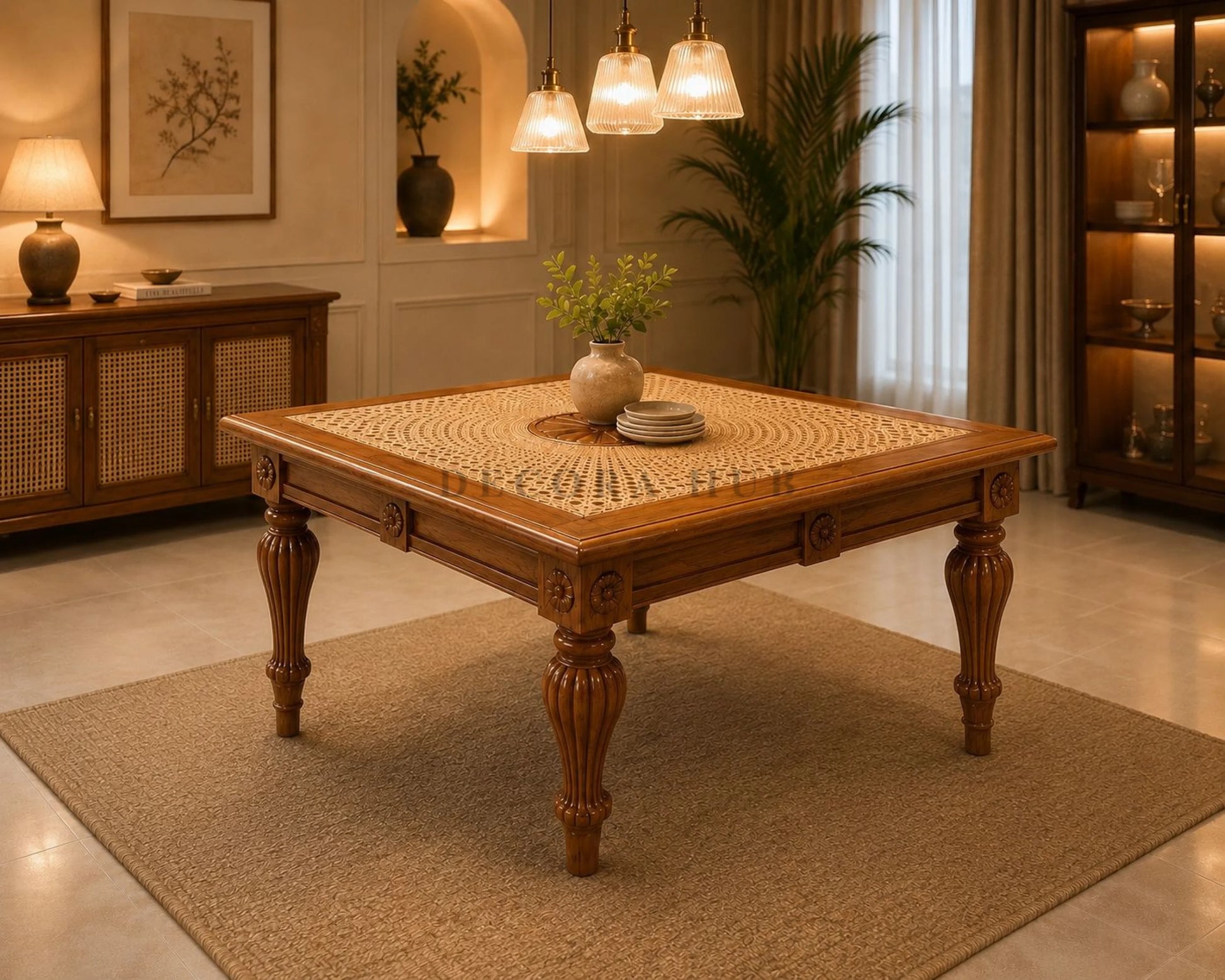 Dining Table With Rattan Top and Natural Teak Finish