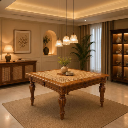 Dining Table With Rattan Top and Natural Teak Finish