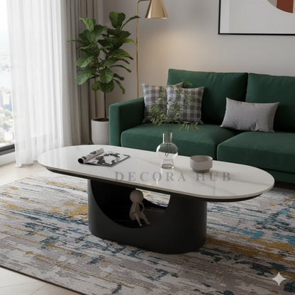 Black Luxurious Oval Shape Centre Table – white marble top on black base centre table by DecoraHub